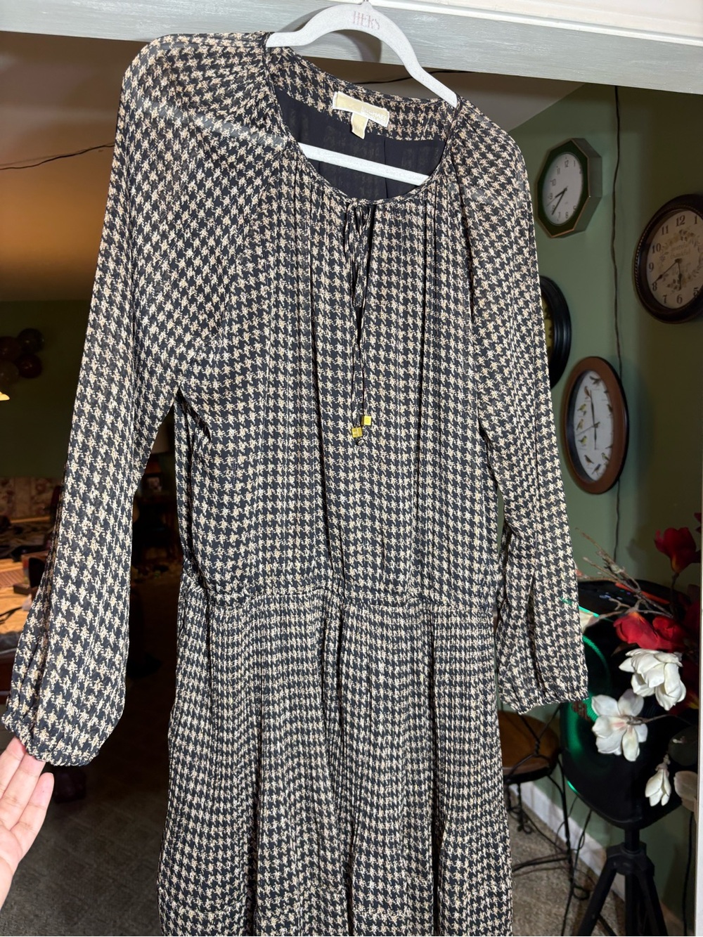 Michael Kors Black Gold Metallic Houndstooth Pleated Chiffon Dress XXL